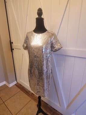 Silver Sequin Short Sleeve Mini Dress